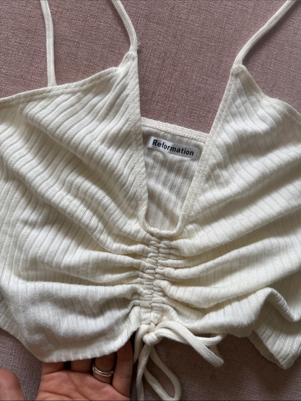 Reformation Ivory Ribbed Drawstring Cropped Cami - Picture 2 of 3
